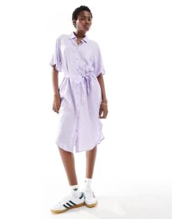 Monki Tie Waist Midi Shirt Dress In Dark Lilac Ditsy Print Exclusive To ASOS For Women Multi