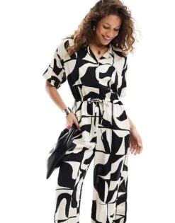 Monki Tie Waist Jumpsuit In Black And White Puzzle Print For Women