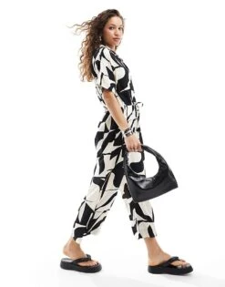 Monki Tie Waist Jumpsuit In Black And White Puzzle Print For Women 9 Monki Tie Waist Jumpsuit In Black And White Puzzle Print For Women -Monki Shop 206176930 3