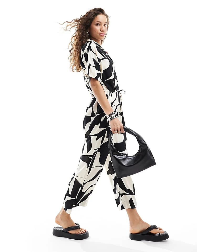 Monki Tie Waist Jumpsuit In Black And White Puzzle Print For Women 5 Monki Tie Waist Jumpsuit In Black And White Puzzle Print For Women - Image 3