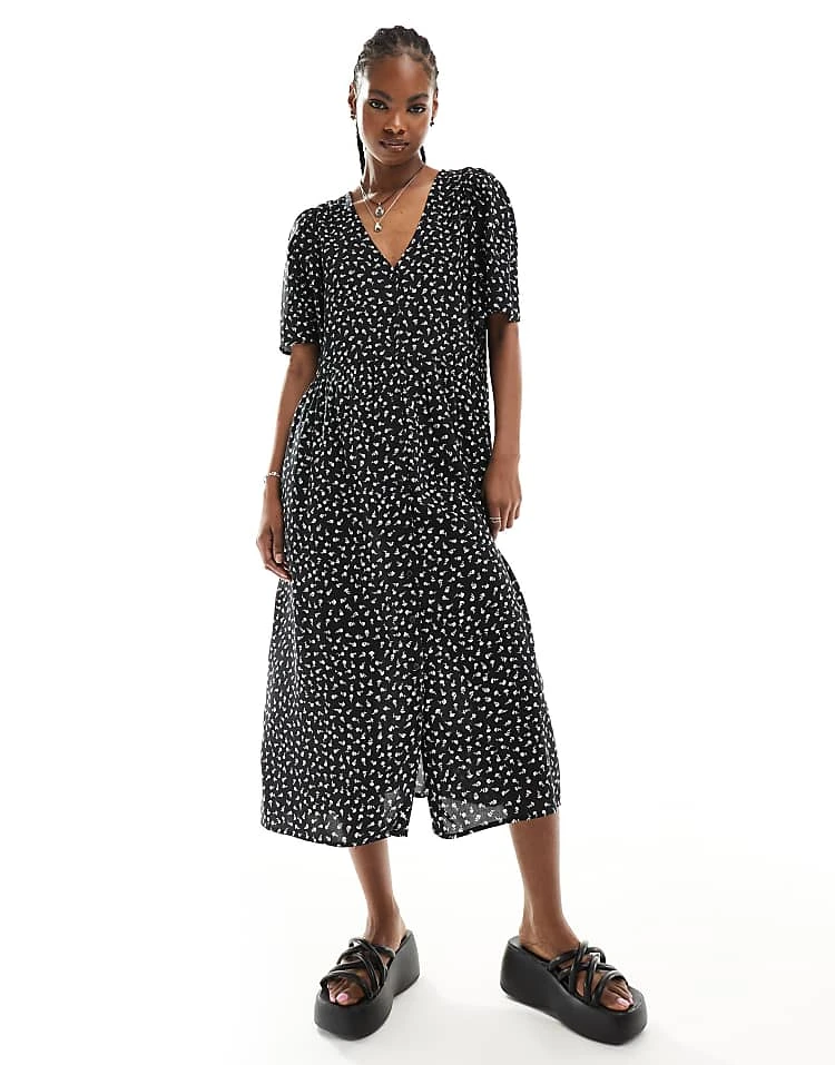 Monki Button Through Midi Dress In Black Ditsy Print Exclusive To ASOS For Women Multi 7 Monki Button Through Midi Dress In Black Ditsy Print Exclusive To ASOS For Women Multi - Image 5