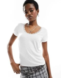 Monki Pointelle Top With Scoop Neck And Lace Trim In White For Women
