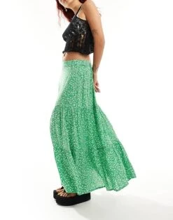 Monki Tiered Maxi Skirt In Green Meadow Floral For Women