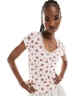 Monki Pointelle Top With Scoop Neck And Lace Trim In Pink And Red Floral Print For Women Multi -Monki Shop 206177120 1 multi 1