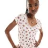 Monki Pointelle Top With Scoop Neck And Lace Trim In Pink And Red Floral Print For Women Multi