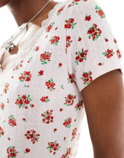 Monki Pointelle Top With Scoop Neck And Lace Trim In Pink And Red Floral Print For Women Multi -Monki Shop 206177120 2
