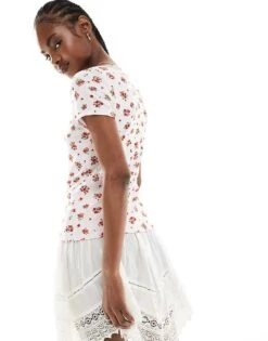 Monki Pointelle Top With Scoop Neck And Lace Trim In Pink And Red Floral Print For Women Multi -Monki Shop 206177120 4