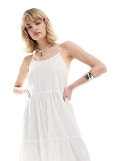 Monki Maxi Sun Dress With Tiered Layers And Strappy Low Back In White For Women -Monki Shop 206177129 3