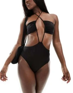 Monki Halter Bandeau Style Cut Out Swimsuit In Black For Women