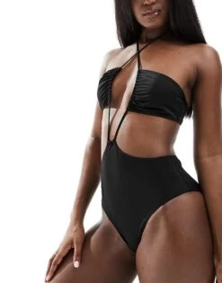 Monki Halter Bandeau Style Cut Out Swimsuit In Black For Women -Monki Shop 206177138 4
