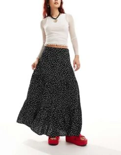 Monki Tiered Maxi Skirt In Black Meadow Floral For Women