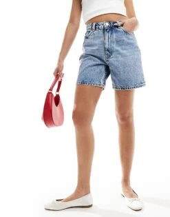 Monki Elfie Regular Fit Denim Shorts In Midwash Blue For Women Mid Blue