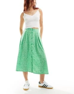 Monki Button Through Midi Skirt In Green Meadow Floral For Women