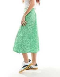 Monki Button Through Midi Skirt In Green Meadow Floral For Women -Monki Shop 206177247 4