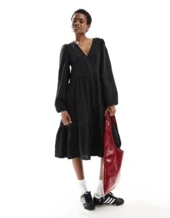 Monki Long Sleeve Wrap Midi Dress In Black For Women