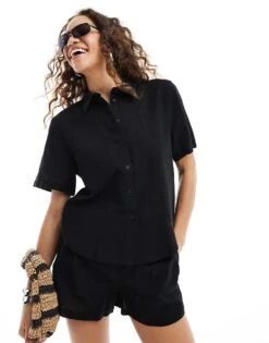 Monki Co-ord Short Sleeve Linen Shirt In Black For Women