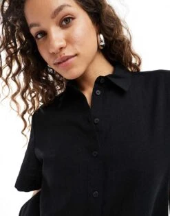 Monki Co-ord Short Sleeve Linen Shirt In Black For Women -Monki Shop 206203656 3