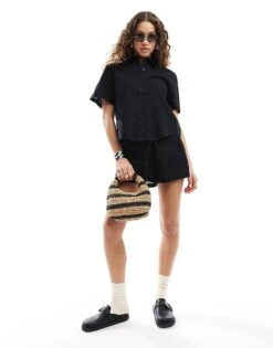 Monki Co-ord Short Sleeve Linen Shirt In Black For Women -Monki Shop 206203656 4
