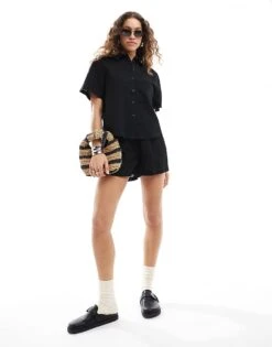 Monki Co-ord Drawstring Waist Linen Shorts In Black For Women -Monki Shop 206203683 1 black 1