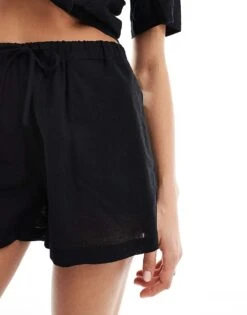 Monki Co-ord Drawstring Waist Linen Shorts In Black For Women -Monki Shop 206203683 2
