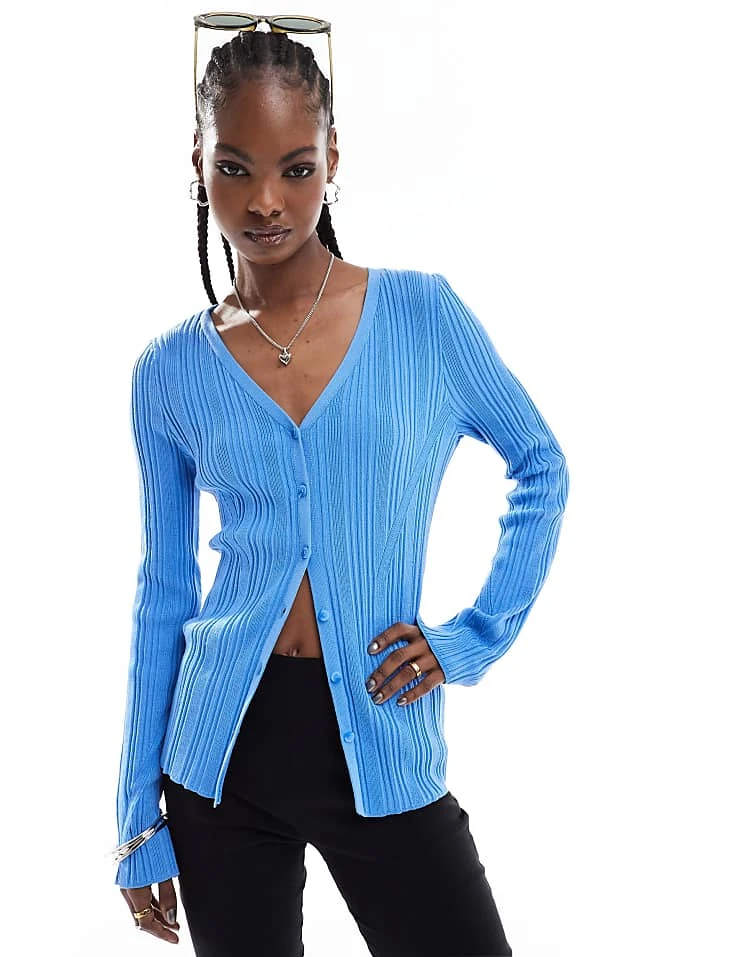 Monki Longline Mixed Rib Cardigan In Blue For Women