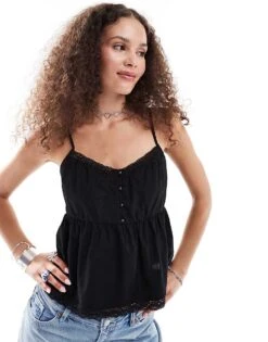 Monki Poplin Lace Trim Cami Top With Peplum Hem In Black For Women -Monki Shop 206203781 1 black 1