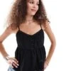 Monki Poplin Lace Trim Cami Top With Peplum Hem In Black For Women