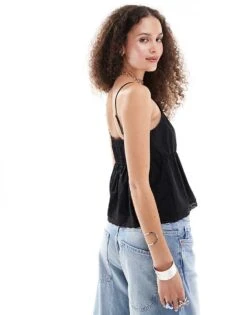 Monki Poplin Lace Trim Cami Top With Peplum Hem In Black For Women -Monki Shop 206203781 4