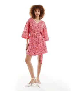 Monki Belted Wrap Mini Dress In Red Ditsy Floral For Women Multi -Monki Shop 206212465 4