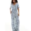 Monki Shirt Sleeve Jumpsuit With Wrap Front In Wave Print For Women Multi -Monki Shop 206212534 1 multi