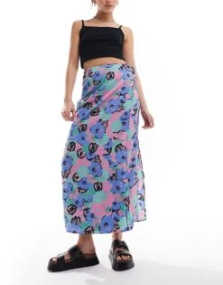 Monki Midi Skirt With Tie Waist In Artsy Pastel Flowers Print For Women Multi -Monki Shop 206212588 1 multi 1