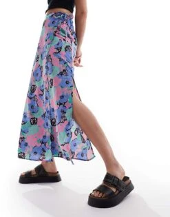 Monki Midi Skirt With Tie Waist In Artsy Pastel Flowers Print For Women Multi -Monki Shop 206212588 4