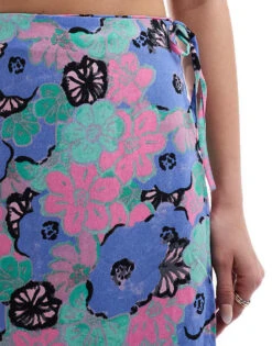 Monki Midi Skirt With Tie Waist In Artsy Pastel Flowers Print For Women Multi -Monki Shop 206212588 5