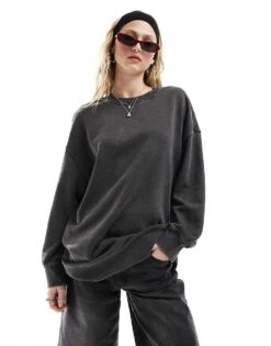 Monki Oversized Sweatshirt In Acid Washed Black For Women