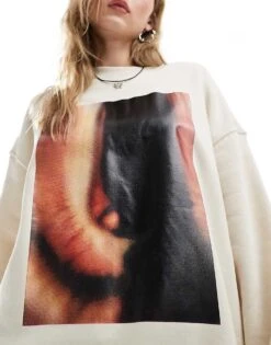 Monki Long Sleeve Oversized Sweater In Beige With Front Print For Women -Monki Shop 206212620 3