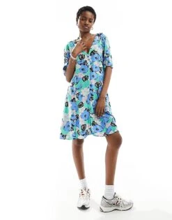Monki Button Through Mini Dress In Blue Flowers For Women Multi -Monki Shop 206212638 1 multi 1