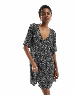 Monki Button Through Mini Dress In Black And White Floral Print For Women Multi