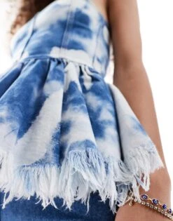 Monki Denim Bandeau Tube Top With Ruffle Hem In Blue Tie Dye For Women -Monki Shop 206294055 3