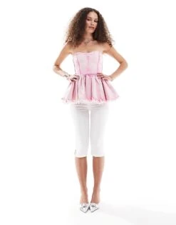 Monki Denim Bandeau Tube Top With Ruffle Hem In Pink Tie Dye For Women Light Pink -Monki Shop 206294081 3