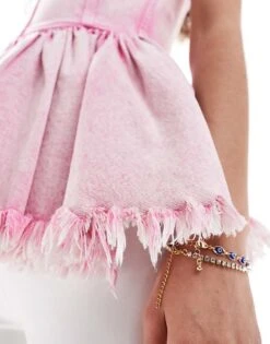 Monki Denim Bandeau Tube Top With Ruffle Hem In Pink Tie Dye For Women Light Pink -Monki Shop 206294081 4