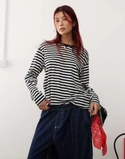 Monki Long Sleeve Top In Black And White Stripe For Women -Monki Shop 206294240 4