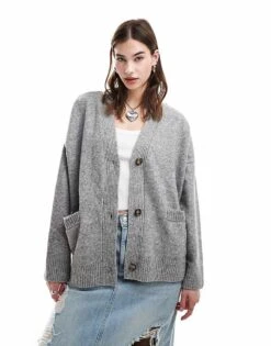 Monki Knit Button Front Cardigan In Grey For Women -Monki Shop 206372219 1 grey 1