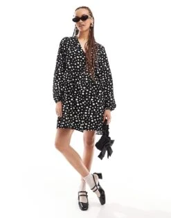 Monki Button Through Mini Skater Dress In Black And White Spot Print For Women -Monki Shop 206407104 1 blackandwhite 1
