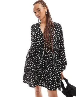 Monki Button Through Mini Skater Dress In Black And White Spot Print For Women -Monki Shop 206407104 4