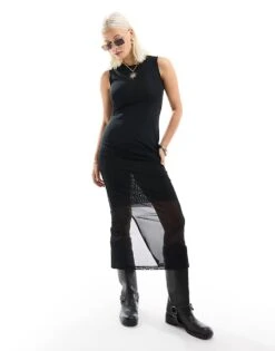 Monki Sleeveless Mesh Midi Dress In Black For Women