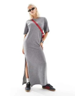 Monki Maxi T-shirt Dress With Side Split In Grey Marl For Women -Monki Shop 206407151 1 greymarl 1