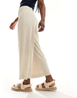 Monki Cilla Rib Jersey Cropped Wide Leg Trousers In Beige For Women -Monki Shop 206407192 4