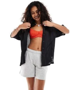 Monki Short Sleeve Textured Crinkle Shirt In Black For Women