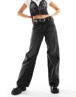 Monki Naoki Loose Fit Low Rise Jeans In Washed Black For Women