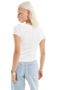 Monki Short Sleeve Lettuce Trim T-shirt Top In White For Women -Monki Shop 206407234 4